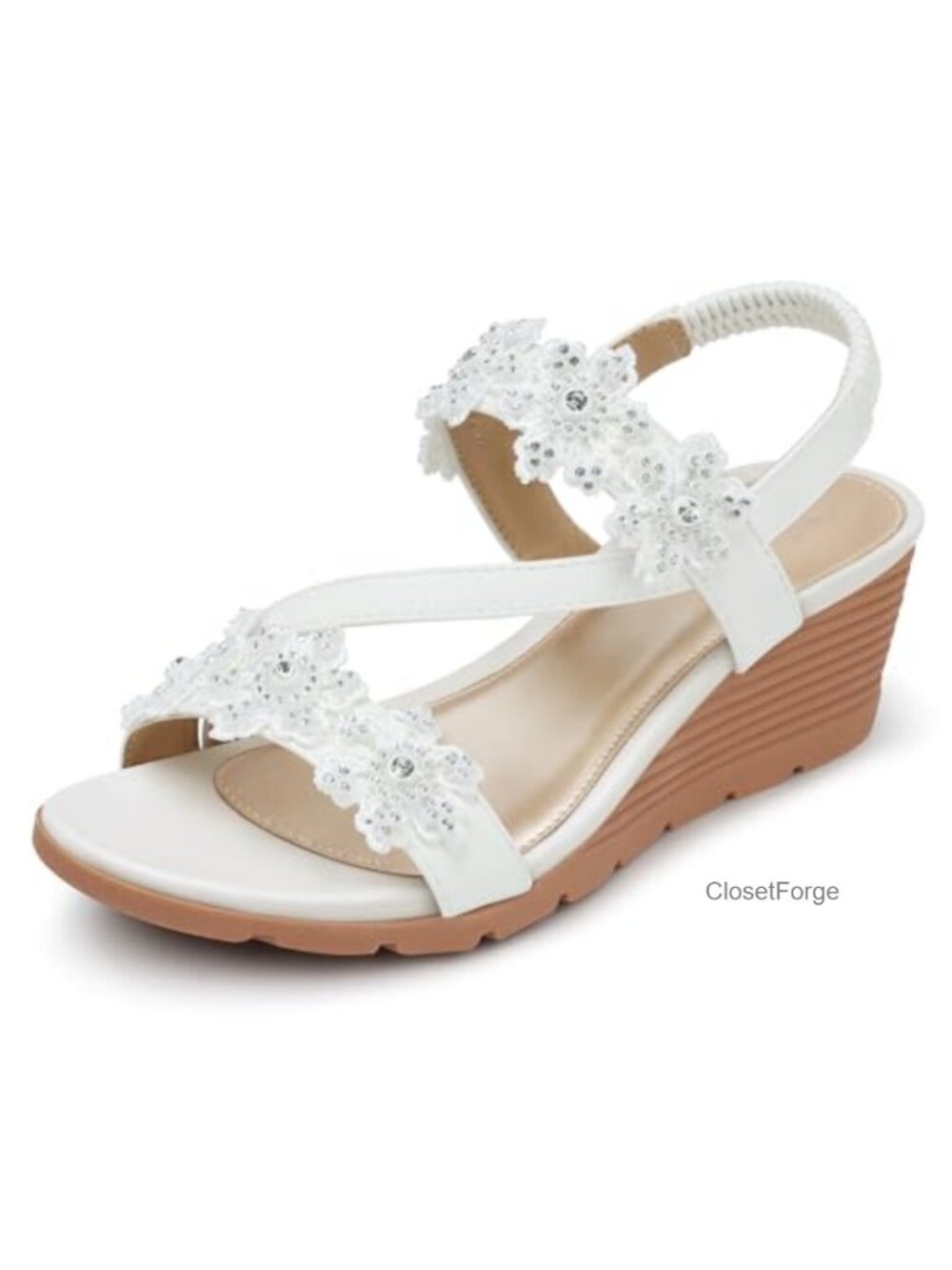 Faux Leather Wedge Sandals Women Dressy Slip On Open Toe Floral Ankle Strap